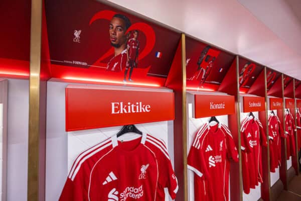 LIVERPOOL, ENGLAND - Wednesday, August 20, 2025: The shirts of Liverpool players on display in the home dressing room at Anfield seen during the official stadium tour. (Photo by David Rawcliffe/Propaganda)
