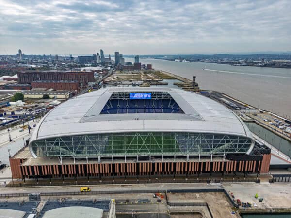 LIVERPOOL, ENGLAND - Sunday, August 24, 2025: A general view of Everton's new Bramley-Moore Dock Stadium seen before the FA Premier League match between Everton FC and Brighton & Hove Albion FC. (Photo by David Rawcliffe/Propaganda)
