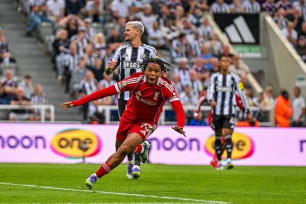 NEWCASTLE-UPON-TYNE, ENGLAND - Monday, August 25, 2025: Liverpool's Rio Ngumoha celebrates after scoring his side's winning third goal, his first competitive goal on Premier League debut becoming Liverpool's youngest ever goal-scorer, during the FA Premier League match between Newcastle United FC and Liverpool FC at St James' Park. Liverpool won 3-2. (Photo by David Rawcliffe/Propaganda)