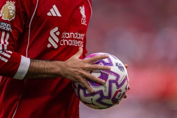 LIVERPOOL, ENGLAND - Sunday, August 31, 2025: The official Puma match ball held by Liverpool's Dominik Szoboszlai during the FA Premier League match between Liverpool FC and Arsenal FC at Anfield. Liverpool won 1-0. General (Photo by David Rawcliffe/Propaganda)
