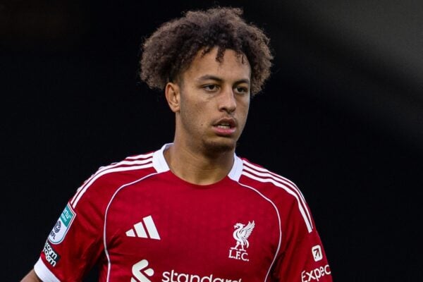 BURTON, ENGLAND - Tuesday, September 2, 2025: Liverpool's Kaide Gordon during the English Football League Trophy Northern Group H match between Burton Albion FC and Liverpool FC Under-21's at The Burton Albion FC Stadium. Burton won 2-0. (Photo by David Rawcliffe/Propaganda)