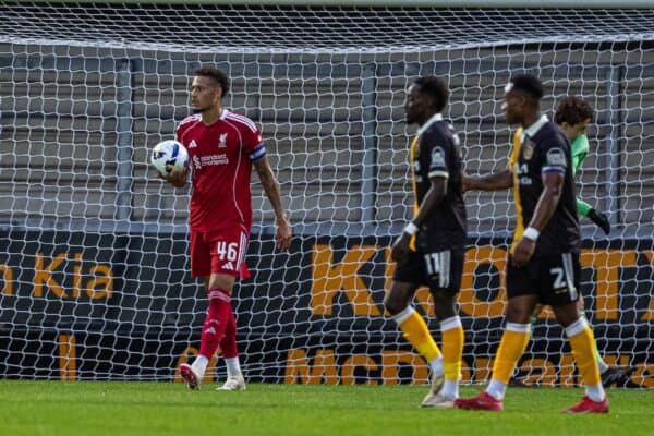 BURTON, ENGLAND - Tuesday, September 2, 2025: Liverpool's captain Rhys Williams reacts as Burton Albion score the opening goal during the English Football League Trophy Northern Group H match between Burton Albion FC and Liverpool FC Under-21's at The Burton Albion FC Stadium. Burton won 2-0. (Photo by David Rawcliffe/Propaganda)