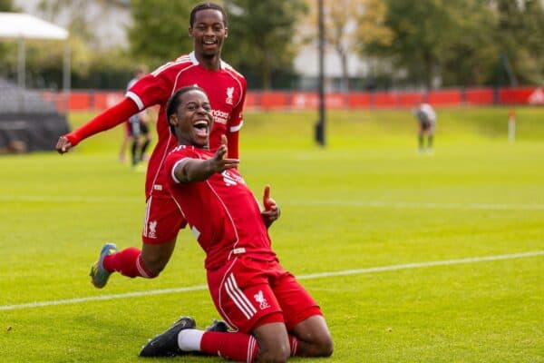 KIRKBY, ENGLAND - Saturday, September 13, 2025: Liverpool's Scofield Lonmeni celebrates after scoring his side's third goal to level the score at 3-3 during the U18 Premier League match between Liverpool FC Under-18's and Newcastle United FC Under-18's at the Liverpool Academy. Newcastle won 4-3. (Photo by David Rawcliffe/Propaganda)
