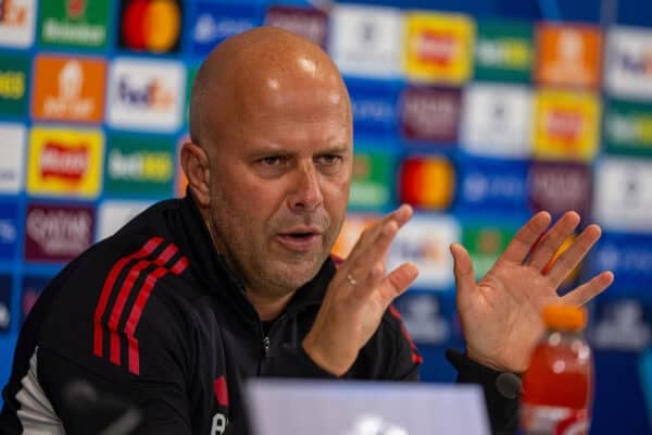 LIVERPOOL, ENGLAND - Tuesday, September 16, 2025: Liverpool's head coach Arne Slot during a press conference at Anfield ahead of the UEFA Champions League game between Liverpool FC and Atlético de Madrid. (Photo by David Rawcliffe/Propaganda)