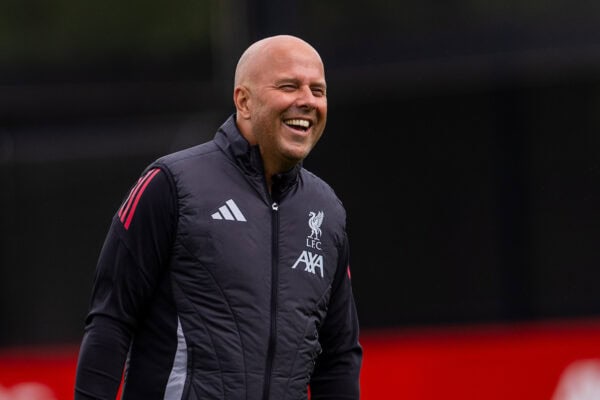 LIVERPOOL, ENGLAND - Tuesday, September 16, 2025: Liverpool's head coach Arne Slot during a training session at the AXA Training Centre ahead of the UEFA Champions League match between Liverpool FC and Atlético de Madrid. (Photo by Jessica Hornby/Propaganda)