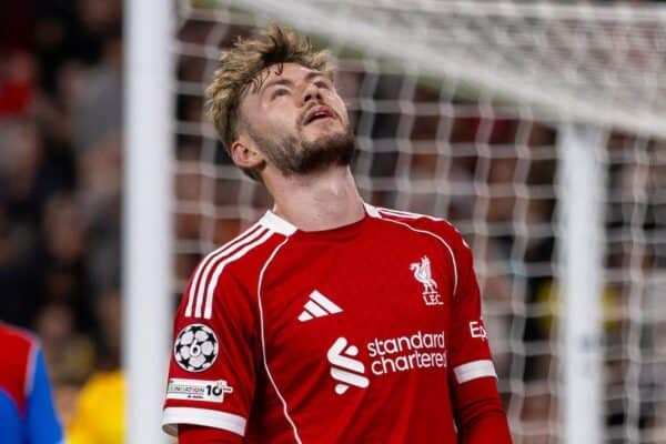 LIVERPOOL, ENGLAND - Wednesday, September 17, 2025: Liverpool's Conor Bradley reacts during the UEFA Champions League match between Liverpool FC and Atletico Madrid FC at Anfield. (Photo by David Rawcliffe/Propaganda)