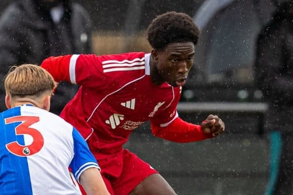 KIRKBY, ENGLAND - Saturday, September 20, 2025: Liverpool's Joshua Abe during the U18 Premier League match between Liverpool FC Under-18's and Blackburn Rovers FC Under-18's at the Liverpool Academy. (Photo by Rafaella Mcintosh/Propaganda)