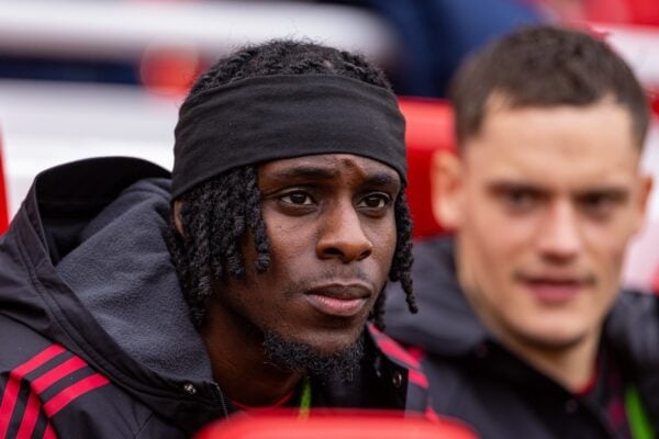 LIVERPOOL, ENGLAND - Saturday, September 20, 2025: Liverpool's substitute Jeremie Frimpong on the bench before the FA Premier League match between Liverpool FC and Everton FC at Anfield. The 247th Merseyside Derby. Liverpool won 2-1. (Photo by David Rawcliffe/Propaganda)