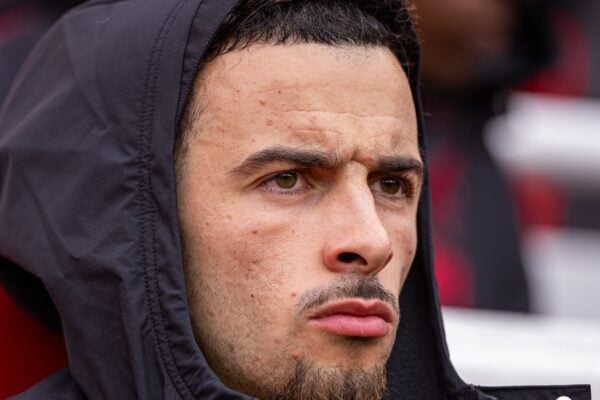 LIVERPOOL, ENGLAND - Saturday, September 20, 2025: Liverpool's substitute Curtis Jones on the bench before the FA Premier League match between Liverpool FC and Everton FC at Anfield. The 247th Merseyside Derby. Liverpool won 2-1. (Photo by David Rawcliffe/Propaganda)