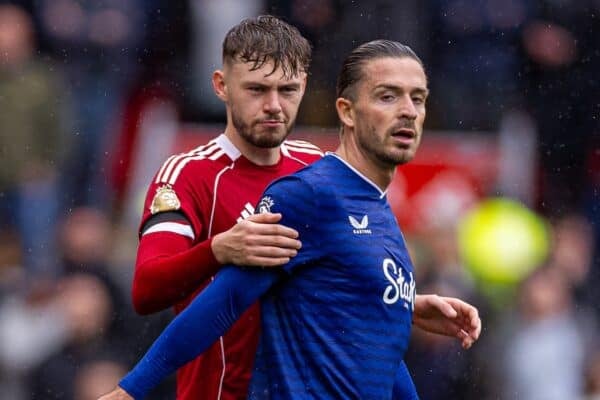 LIVERPOOL, ENGLAND - Saturday, September 20, 2025: Liverpool's Conor Bradley (L) and Everton's Jack Grealish during the FA Premier League match between Liverpool FC and Everton FC at Anfield. The 247th Merseyside Derby. Liverpool won 2-1. (Photo by David Rawcliffe/Propaganda)