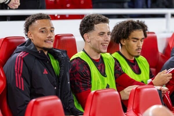 LIVERPOOL, ENGLAND - Tuesday, September 23, 2025: Liverpool substitutes Rhys Williams' and Kieron Morrison during the Football League Cup 3rd Round match between Liverpool FC and Southampton FC at Anfield. Liverpool won 2-1. (Photo by David Rawcliffe/Propaganda)