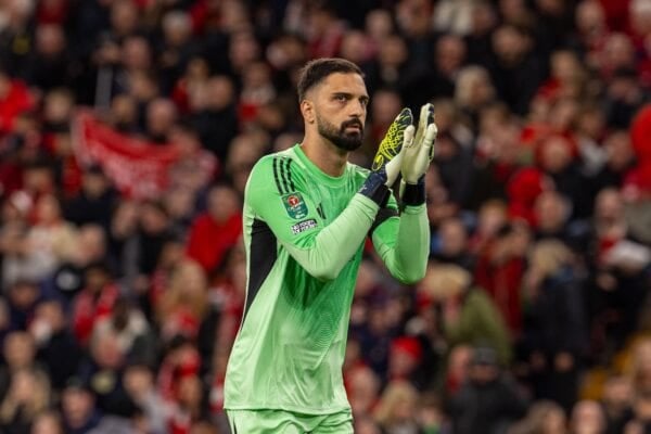 LIVERPOOL, ENGLAND - Tuesday, September 23, 2025: Liverpool's goalkeeper Giorgi Mamardashvili during the Football League Cup 3rd Round match between Liverpool FC and Southampton FC at Anfield. Liverpool won 2-1. (Photo by David Rawcliffe/Propaganda)