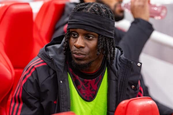 LIVERPOOL, ENGLAND - Sunday, October 19, 2025: Liverpool's substitute Jeremie Frimpong on the bench before the FA Premier League match between Liverpool FC and Manchester United FC at Anfield. Man Utd won 2-1. (Photo by David Rawcliffe/Propaganda)