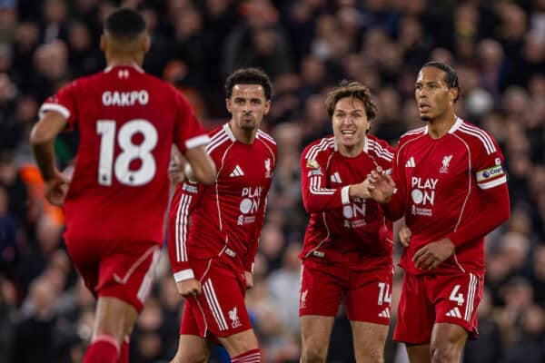 LIVERPOOL, ENGLAND - Sunday, October 19, 2025: Liverpool's Curtis Jones, Federico Chiesa and Virgil van Dijk celebrate their side's equalising goal scored by Cody Gakpo during the FA Premier League match between Liverpool FC and Manchester United FC at Anfield. Man Utd won 2-1. (Photo by David Rawcliffe/Propaganda)