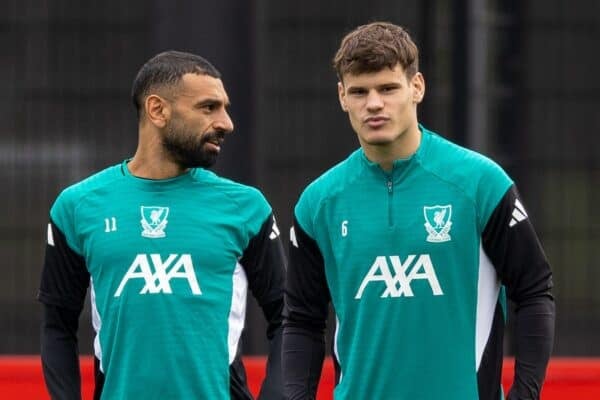 LIVERPOOL, ENGLAND - Tuesday, October 21, 2025: Liverpool's Mohamed Salah (L) and Milos Kerkez during a training session at the AXA Training Centre ahead of the UEFA Champions League match between Eintracht Frankfurt and Liverpool FC. (Photo by Jessica Hornby/Propaganda)