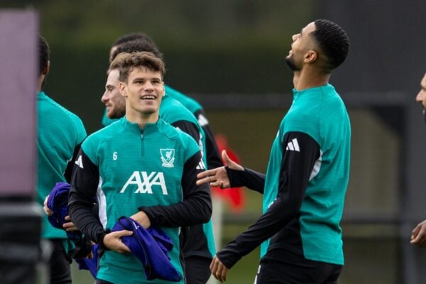 LIVERPOOL, ENGLAND - Tuesday, October 21, 2025: Liverpool's Milos Kerkez (L) and Cody Gakpo during a training session at the AXA Training Centre ahead of the UEFA Champions League match between Eintracht Frankfurt and Liverpool FC. (Photo by Jessica Hornby/Propaganda)