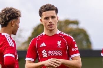 FRANKFURT, GERMANY - Wednesday, October 22, 2025: Liverpool's (L-R) Trent Kone-Doherty, Kieran Morrison, Keyrol Figueroa, Josh Sonni-Lambie, Alvin Ayman line-up before the UEFA Youth League match between Eintracht Frankfurt Under-19's and Liverpool FC Under-19's at Sportpark Dreieich. (Photo by David Rawcliffe/Propaganda) Football – UEFA Youth League – League Phase – Eintracht Frankfurt Under-19’s v Liverpool FC Under-19’s