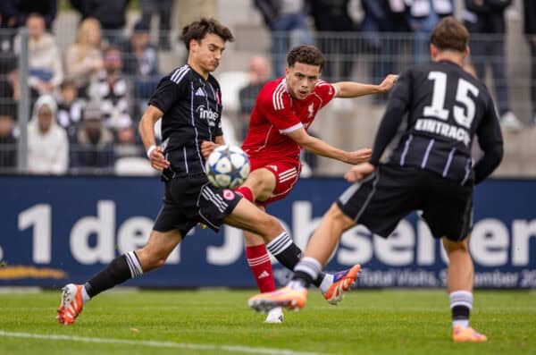 FRANKFURT, GERMANY - Wednesday, October 22, 2025: Liverpool's Kieran Morrison shoots during the UEFA Youth League match between Eintracht Frankfurt Under-19's and Liverpool FC Under-19's at Sportpark Dreieich. (Photo by David Rawcliffe/Propaganda)