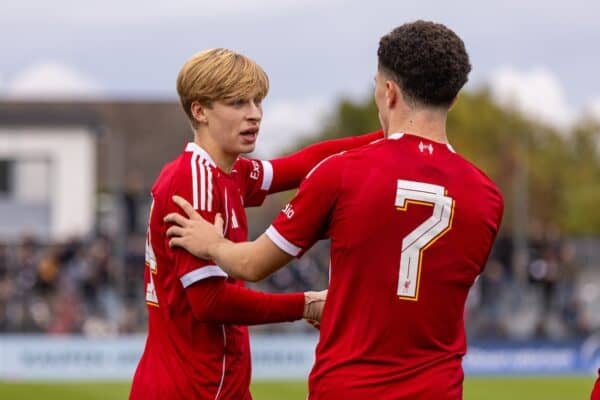 FRANKFURT, GERMANY - Wednesday, October 22, 2025: Liverpool's Oliver O'Connor celebrates after scoring his side's fifth goal during the UEFA Youth League match between Eintracht Frankfurt Under-19's and Liverpool FC Under-19's at Sportpark Dreieich. (Photo by David Rawcliffe/Propaganda)