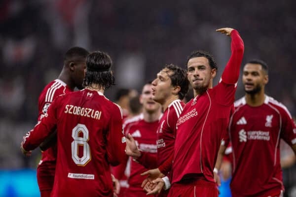 FRANKFURT, GERMANY - Wednesday, October 22, 2025: Liverpool's Curtis Jones celebrates his side's fifth goal during the UEFA Champions League match between Eintracht Frankfurt and Liverpool FC at the Waldstadion. Liverpool won 5-1. (Photo by David Rawcliffe/Propaganda)