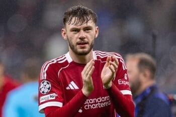 FRANKFURT, GERMANY - Wednesday, October 22, 2025: Liverpool's Conor Bradley applauds the supporters after the UEFA Champions League match between Eintracht Frankfurt and Liverpool FC at the Waldstadion. Liverpool won 5-1. (Photo by David Rawcliffe/Propaganda) Football – UEFA Champions League – League Phase – Eintracht Frankfurt v Liverpool FC