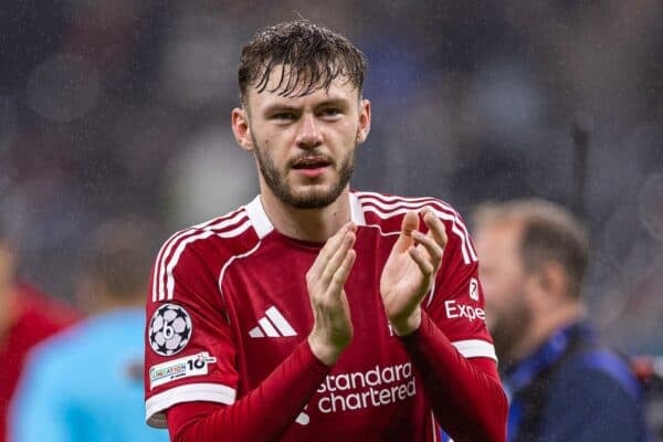 FRANKFURT, GERMANY - Wednesday, October 22, 2025: Liverpool's Conor Bradley applauds the supporters after the UEFA Champions League match between Eintracht Frankfurt and Liverpool FC at the Waldstadion. Liverpool won 5-1. (Photo by David Rawcliffe/Propaganda)
