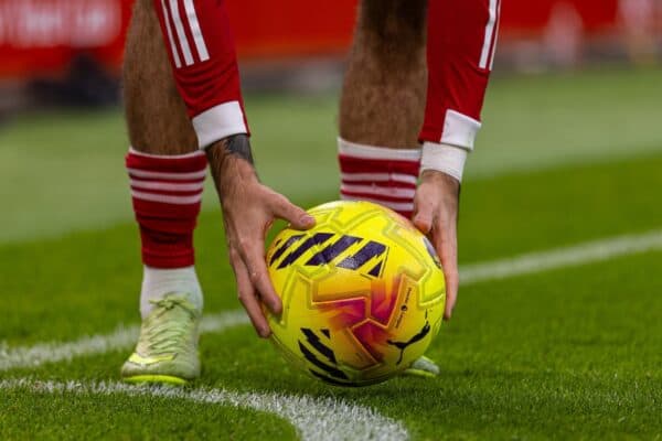 LIVERPOOL, ENGLAND - Saturday, November 22, 2025: Liverpool's Dominik Szoboszlai places a yellow Puma ball in the corner quadrant before taking a corner-kick during the FA Premier League match between Liverpool FC and Nottingham Forest FC at Anfield. Forest won 3-0. General ball (Photo by David Rawcliffe/Propaganda)