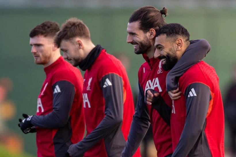 LIVERPOOL, ENGLAND - Monday, December 8, 2025: Liverpool's Dominik Szoboszlai (L) and Mohamed Salah during a training session at the AXA Training Centre ahead of the UEFA Champions League match between FC Internazionale Milano and Liverpool FC. (Photo by Jessica Hornby/Propaganda)