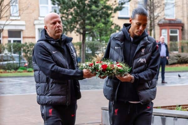 Arne Slot, head coach and Virgil van Dijk laying a wreath at the Hillsborough memorial at Anfield on April 15, 2025 in Liverpool, England. (Photo by Liverpool FC - Handout/Liverpool FC via Getty Images)