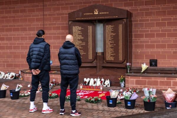 Arne Slot, head coach and Virgil van Dijk laying a wreath at the Hillsborough memorial at Anfield on April 15, 2025 in Liverpool, England. (Photo by Liverpool FC - Handout/Liverpool FC via Getty Images)