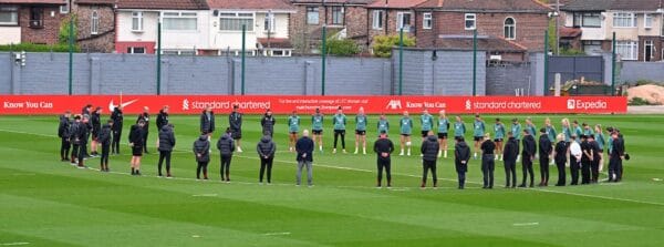 The Liverpool Women's Team and staff observe a minute silence to commemorate he 36th Anniversary of the Hillsborough Disaster atAXA Melwood Training ground on April 15, 2025 in Liverpool, England. (Photo by Liverpool FC - Handout/Liverpool FC via Getty Images)