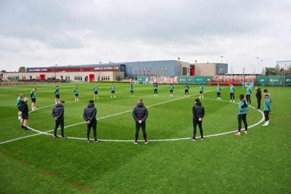 The Liverpool U21 squad pause for reflection before training on the 36th anniversary of the Hillsborough Disaster on April 15, 2025 in Liverpool, England. (Photo by Liverpool FC - Handout/Liverpool FC via Getty Images)