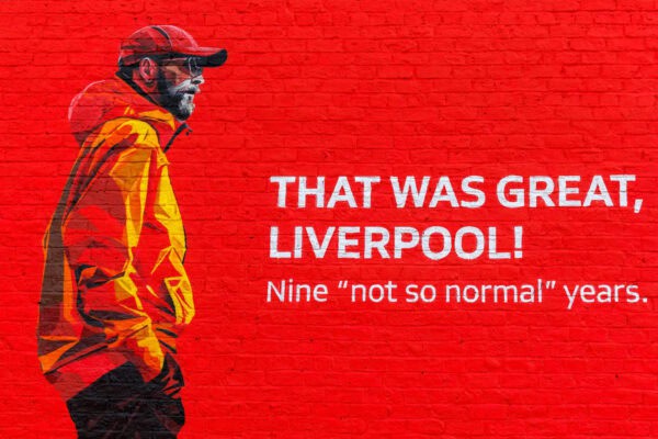 LIVERPOOL, ENGLAND - Sunday, May 5, 2024: Fans take a selfie in front of the Jurgen Klopp Manager of Liverpool mural before the FA Premier League match between Liverpool FC and Tottenham Hotspur FC at Anfield. (Photo by Ryan Brown/Propaganda)