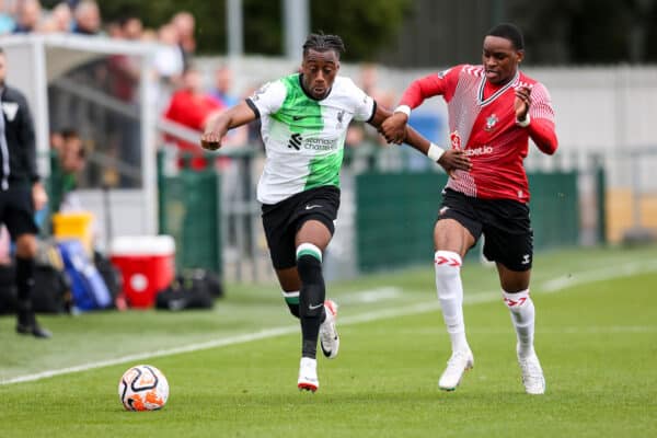 SOUTHAMPTON, ENGLAND - Friday, August 25, 2023: Isaac Mabaya of Liverpool and Princewill Ehibhatiomhanib of Southampton. during the Premier League 2 Division 1 match between Southampton FC Under-21's and Liverpool FC Under-21's at the Snows Stadium. (Pic by Robin Jones/Propaganda)