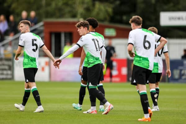 SOUTHAMPTON, ENGLAND - Friday, August 25, 2023: Lewis Koumas of Liverpool is congratulated by team-mates after his shot is deflected in during the Premier League 2 Division 1 match between Southampton FC Under-21's and Liverpool FC Under-21's at the Snows Stadium. (Pic by Robin Jones/Propaganda)