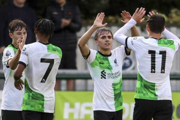 SOUTHAMPTON, ENGLAND - Friday, August 25, 2023: James Norris of Liverpool is congratulated by team-mates after he scores a goal to make it 3-0 during the Premier League 2 Division 1 match between Southampton FC Under-21's and Liverpool FC Under-21's at the Testwood Stadium. (Pic by Robin Jones/Propaganda)