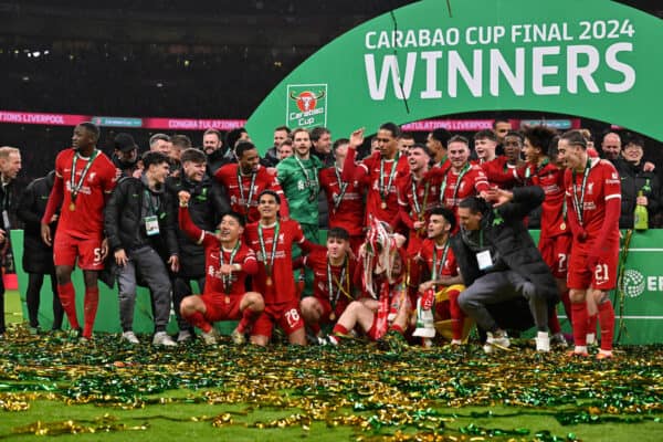 LONDON, ENGLAND - Sunday, February 25, 2024: The Liverpool team celebrate winning the cup after the Football League Cup Final match between Chelsea FC and Liverpool FC at Wembley Stadium. (Photo by Peter Powell/Propaganda)