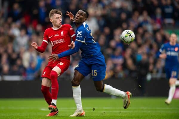 LONDON, ENGLAND - Sunday, February 25, 2024:Conor Bradley of Liverpool and Nicolas Jackson of Chelsea in action during the Football League Cup Final match between Chelsea FC and Liverpool FC at Wembley Stadium. (Photo by Peter Powell/Propaganda)