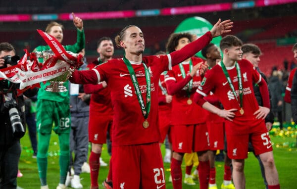 LONDON, ENGLAND - Sunday, February 25, 2024: Kostas Tsimikas of Liverpool lifts the trophy after the Football League Cup Final match between Chelsea FC and Liverpool FC at Wembley Stadium. (Photo by Peter Powell/Propaganda)