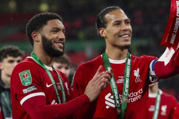 LONDON, ENGLAND - Sunday, February 25, 2024: Virgil van Dijk captain of Liverpool poses with the trophy with Ibrahim Konate and Joe Gomez after the Football League Cup Final match between Chelsea FC and Liverpool FC at Wembley Stadium. (Photo by Peter Powell/Propaganda)