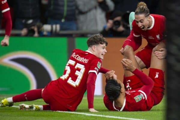 LONDON, ENGLAND - Sunday, February 25, 2024: Virgil van Dijk captain of Liverpool celebrates after scoring the winning goal during the Football League Cup Final match between Chelsea FC and Liverpool FC at Wembley Stadium. (Photo by Peter Powell/Propaganda)