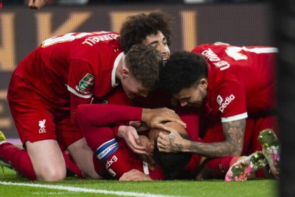 LONDON, ENGLAND - Sunday, February 25, 2024: Virgil van Dijk captain of Liverpool celebrates after scoring the winning goal during the Football League Cup Final match between Chelsea FC and Liverpool FC at Wembley Stadium. (Photo by Peter Powell/Propaganda)