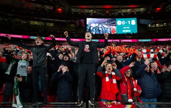 LONDON, ENGLAND - Sunday, February 25, 2024: Liverpool fans celebrate winning the cup after the Football League Cup Final match between Chelsea FC and Liverpool FC at Wembley Stadium. (Photo by Peter Powell/Propaganda)