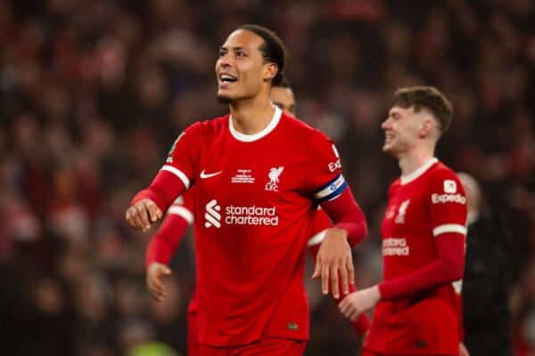 LONDON, ENGLAND - Sunday, February 25, 2024: Virgil van Dijk captain of Liverpool celebrates after the Football League Cup Final match between Chelsea FC and Liverpool FC at Wembley Stadium. (Photo by Peter Powell/Propaganda)