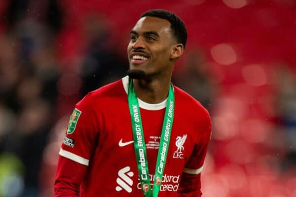 LONDON, ENGLAND - Sunday, February 25, 2024: Ryan Gravenberch of Liverpool on crutches celebrates after the Football League Cup Final match between Chelsea FC and Liverpool FC at Wembley Stadium. (Photo by Peter Powell/Propaganda)