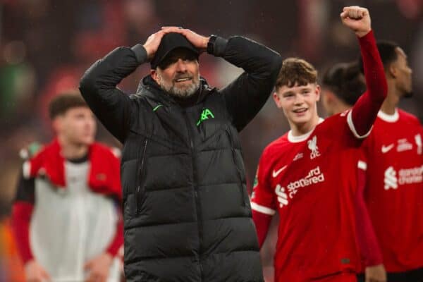 LONDON, ENGLAND - Sunday, February 25, 2024: Jurgen Klopp manager of Liverpool reacts after the Football League Cup Final match between Chelsea FC and Liverpool FC at Wembley Stadium. (Photo by Peter Powell/Propaganda)