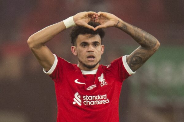 LONDON, ENGLAND - Sunday, February 25, 2024: Luis Diaz of Liverpool celebrates after the Football League Cup Final match between Chelsea FC and Liverpool FC at Wembley Stadium. (Photo by Peter Powell/Propaganda)