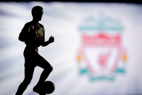 Liverpool Football club logo, Premier League, England. Soccer player silhouette. General image (Pic: Peter Ková? / Alamy Stock Photo)