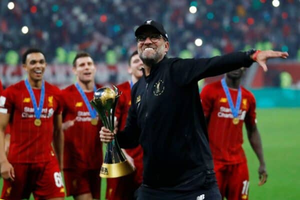 2CKB4BF Soccer Football - Club World Cup - Final - Liverpool v Flamengo - Khalifa International Stadium, Doha, Qatar - December 21, 2019 Liverpool manager Juergen Klopp celebrates with the trophy after winning the Club World Cup REUTERS/Kai Pfaffenbach (REUTERS / Alamy Stock Photo)