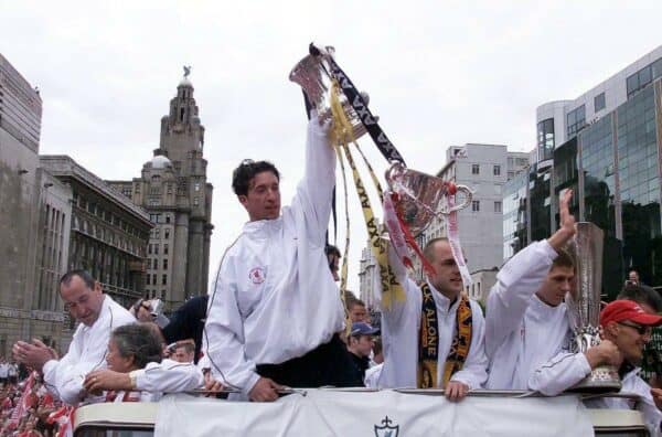 Liverpool trophy parade, 2001, Robbie Fowler, The Strand (PA Images / Alamy Stock Photo)